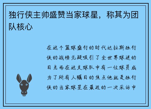 独行侠主帅盛赞当家球星，称其为团队核心